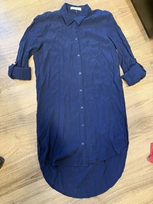 Freebird Navy Blue Tunic Shirt Small Button Down High Low Hem Roll Tab Sleeve - Image 1