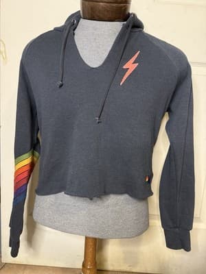 Aviator Nation Womens Split Neck Pullover Crop Bolt Chevron Hoodie Gray Size S - Image 1