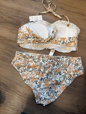 Cupshe Floral Bikini Set XL Smocked Bandeau High Waisted Orange Blue NWT - Thumbnail 2