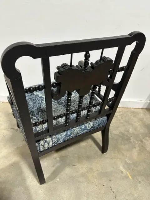 Antique Spindle Back Arm Chair With Rose Motifs Blue Upholstery And Footstool - Thumbnail 4
