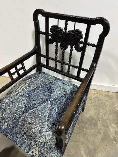Antique Spindle Back Arm Chair With Rose Motifs Blue Upholstery And Footstool - Thumbnail 2