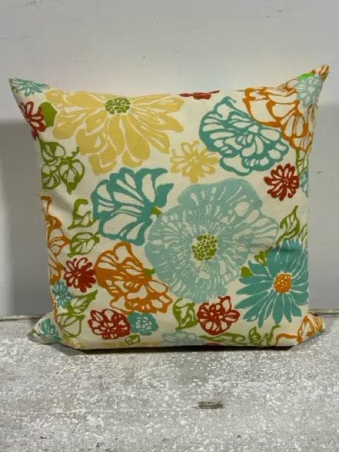 Indoor/Outdoor Orange, Green, Turquoise Floral Pillow - Image 1