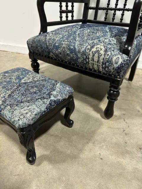Antique Spindle Back Arm Chair With Rose Motifs Blue Upholstery And Footstool - Thumbnail 3