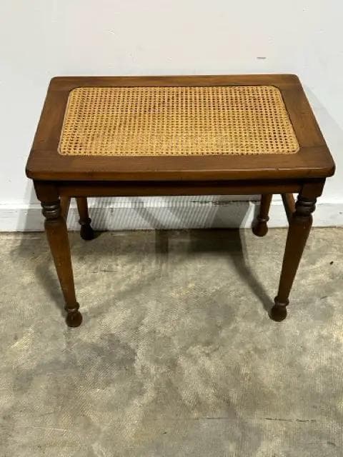 Vintage Wooden Bench with Woven Cane Top & Turned Legs - Thumbnail 2