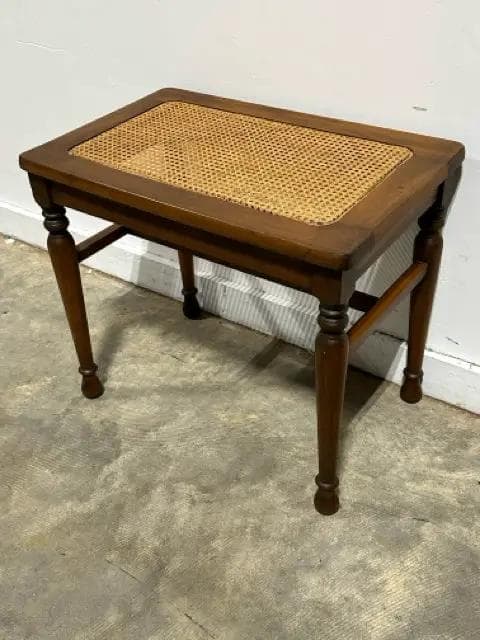 Vintage Wooden Bench with Woven Cane Top & Turned Legs - Thumbnail 4
