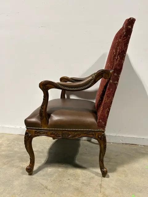 Century French Provencial Carved Wood Armchair with Leather Seat And Nailheads - Thumbnail 2