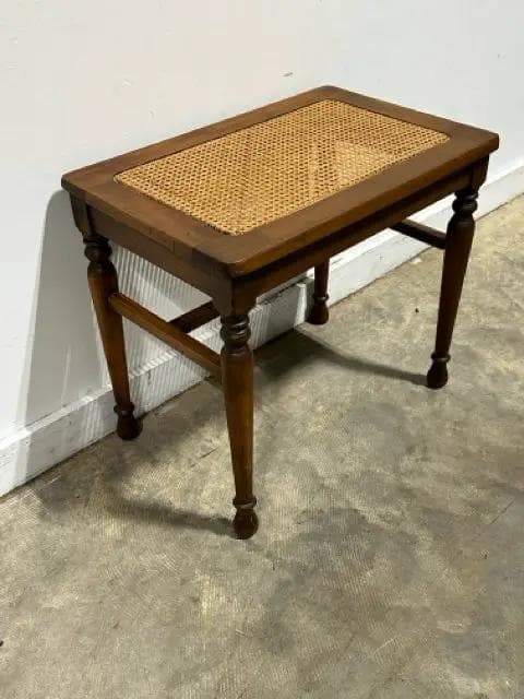 Vintage Wooden Bench with Woven Cane Top & Turned Legs - Thumbnail 3