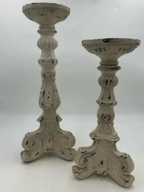 Set Of 2 White Distressed Pillar Candle Holders - Image 1