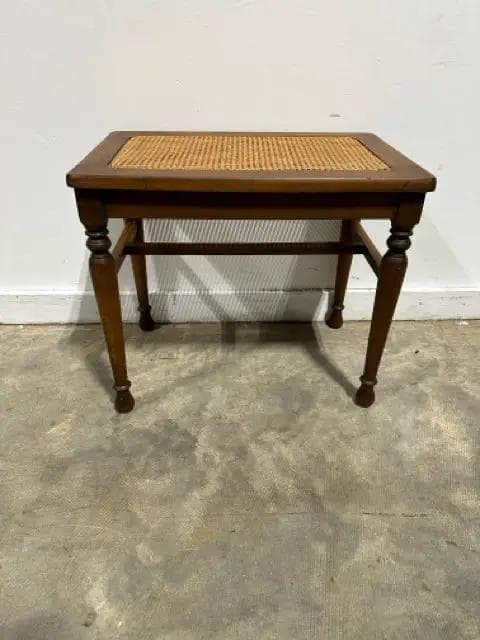 Vintage Wooden Bench with Woven Cane Top & Turned Legs - Image 1