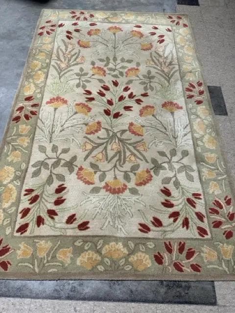 5 X 8 Pottery Barn Green Red And Cream Adeline Rug - Image 1