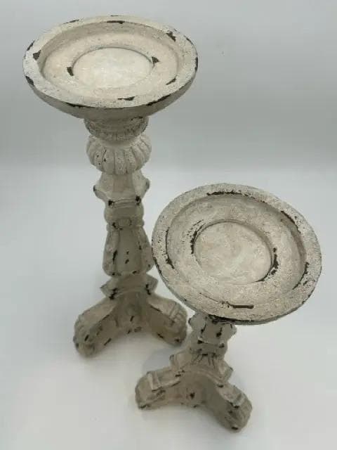 Set Of 2 White Distressed Pillar Candle Holders - Thumbnail 2