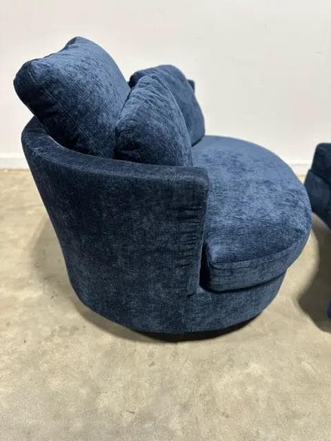 Blue Upholstered Swivel Chair With Storage Ottoman - Thumbnail 3