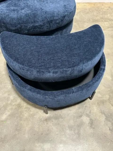 Blue Upholstered Swivel Chair With Storage Ottoman - Thumbnail 2