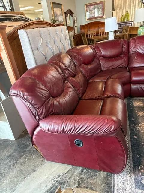 Lay-Z-Boy Red Leather Triple Reclining Sofa Sectional - Thumbnail 3