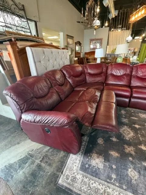 Lay-Z-Boy Red Leather Triple Reclining Sofa Sectional - Thumbnail 4