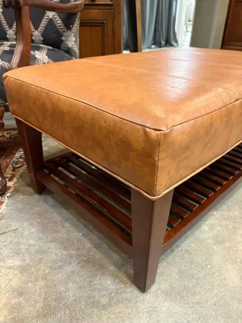 Camel Faux Leather Ottoman With Wooden Base And Shelf - Thumbnail 2