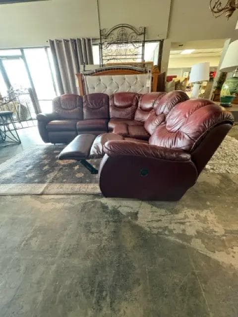 Lay-Z-Boy Red Leather Triple Reclining Sofa Sectional - Thumbnail 5