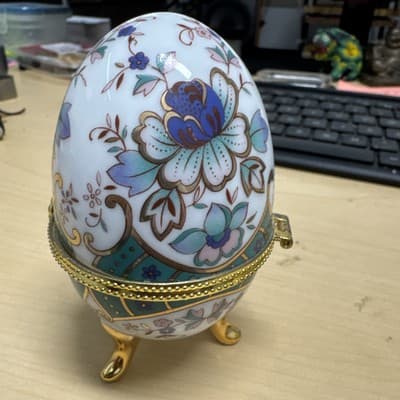 Egg Shaped Porcelain Multi Color Flower Floral Hinged Footed Trinket Box 4” - Thumbnail 2