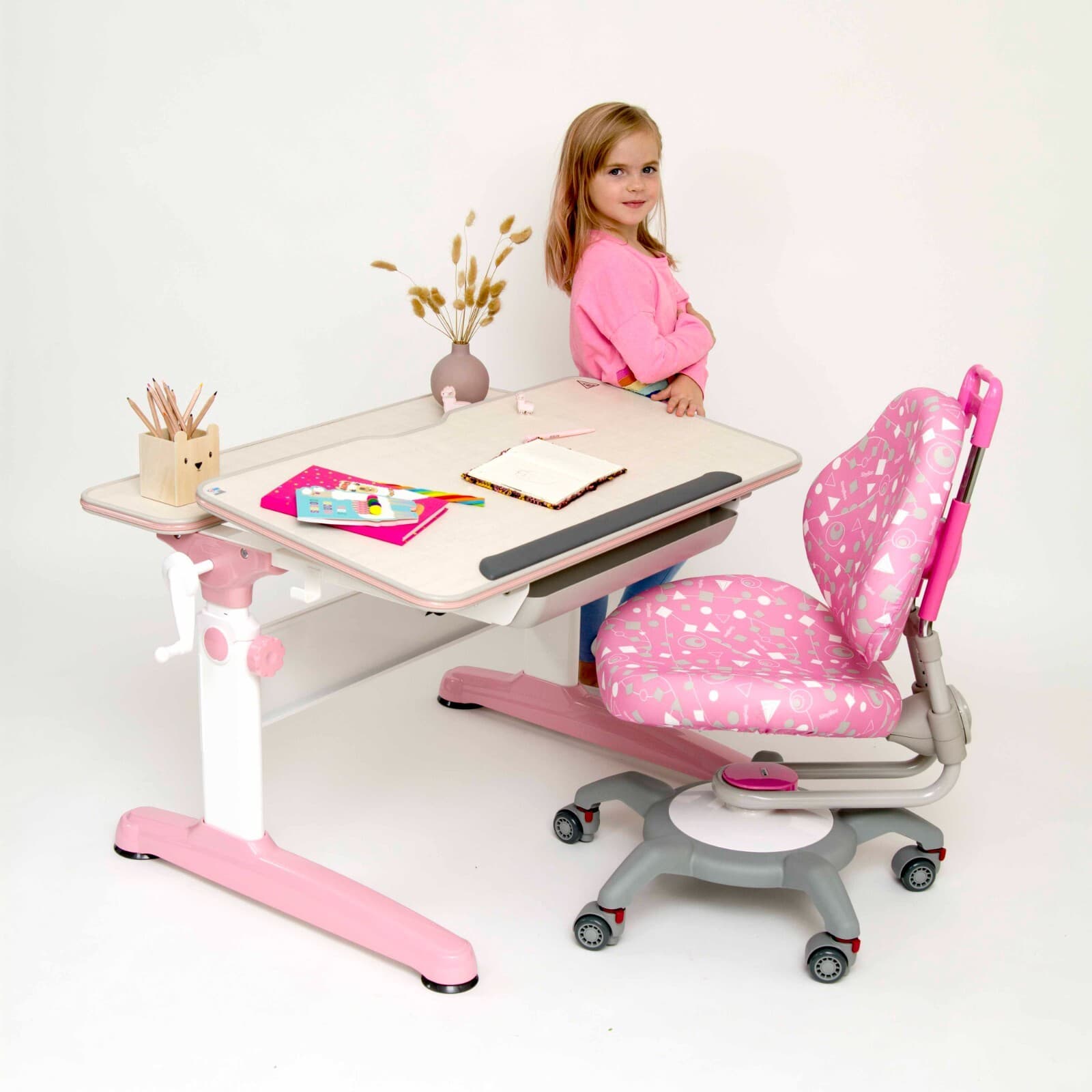 Ergonomic U-Shaped Desk Top – Adjustable Kids Desk, White/Oak/Pink, Spacious & S - Thumbnail 3