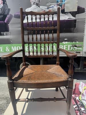 Antique Slat High Ladderback Rush Seats Armchair Vintage English Lancaster - Thumbnail 2