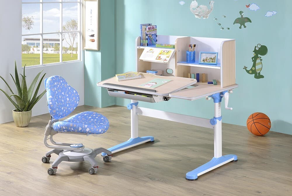 Ergonomic L-Shaped Desk Top – Adjustable Kids Desk, White/Oak/Blue, Space-Saving - Thumbnail 3