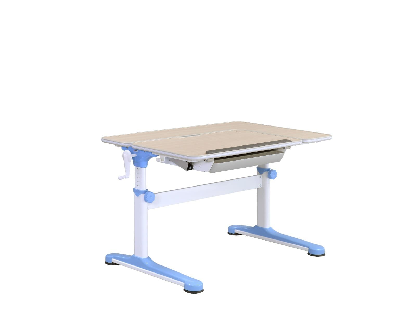 Ergonomic L-Shaped Desk Top – Adjustable Kids Desk, White/Oak/Blue, Space-Saving - Image 1