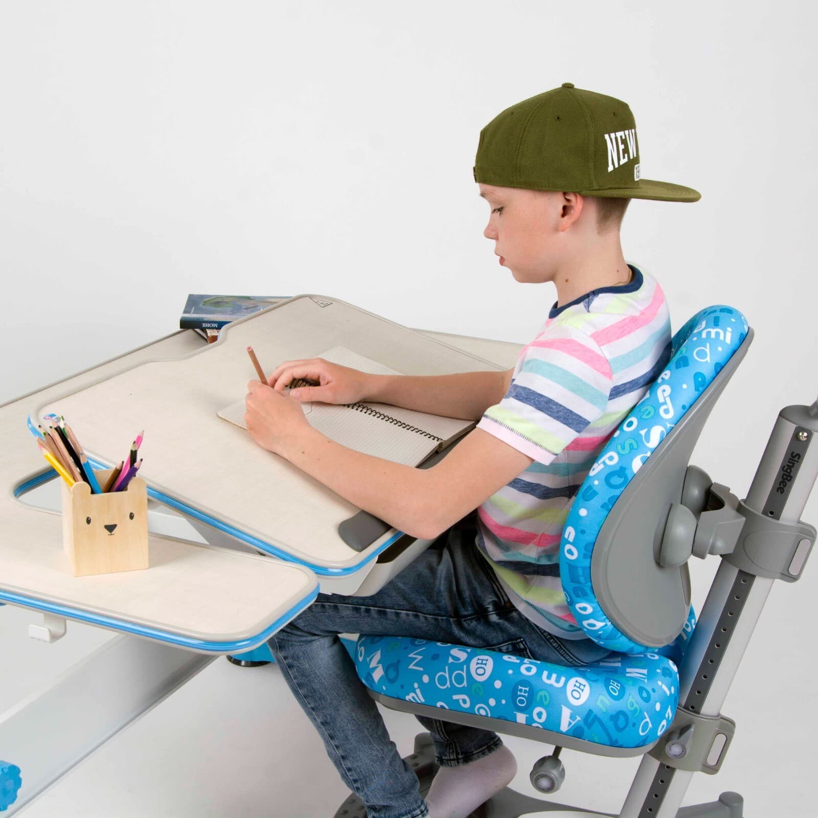 Ergonomic U-Shaped Desk Top – Adjustable Kids Desk, White/Oak/Blue, Spacious & M - Thumbnail 2