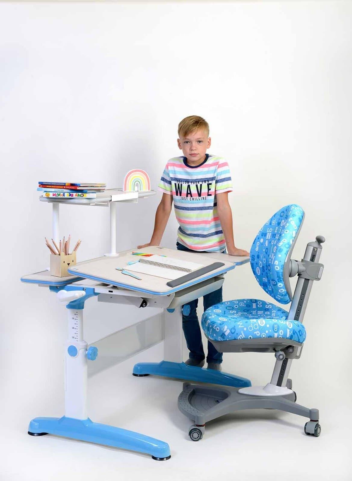 Ergonomic L-Shaped Desk Top – Adjustable Kids Desk, White/Oak/Blue, Space-Saving - Thumbnail 2