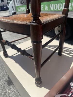 Antique Slat High Ladderback Rush Seats Armchair Vintage English Lancaster - Thumbnail 3