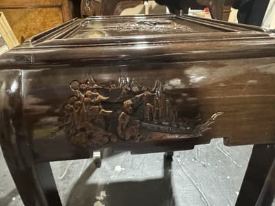 Vintage Engraved Nesting Tables Oriental Rose Wood Beautiful - Thumbnail 7