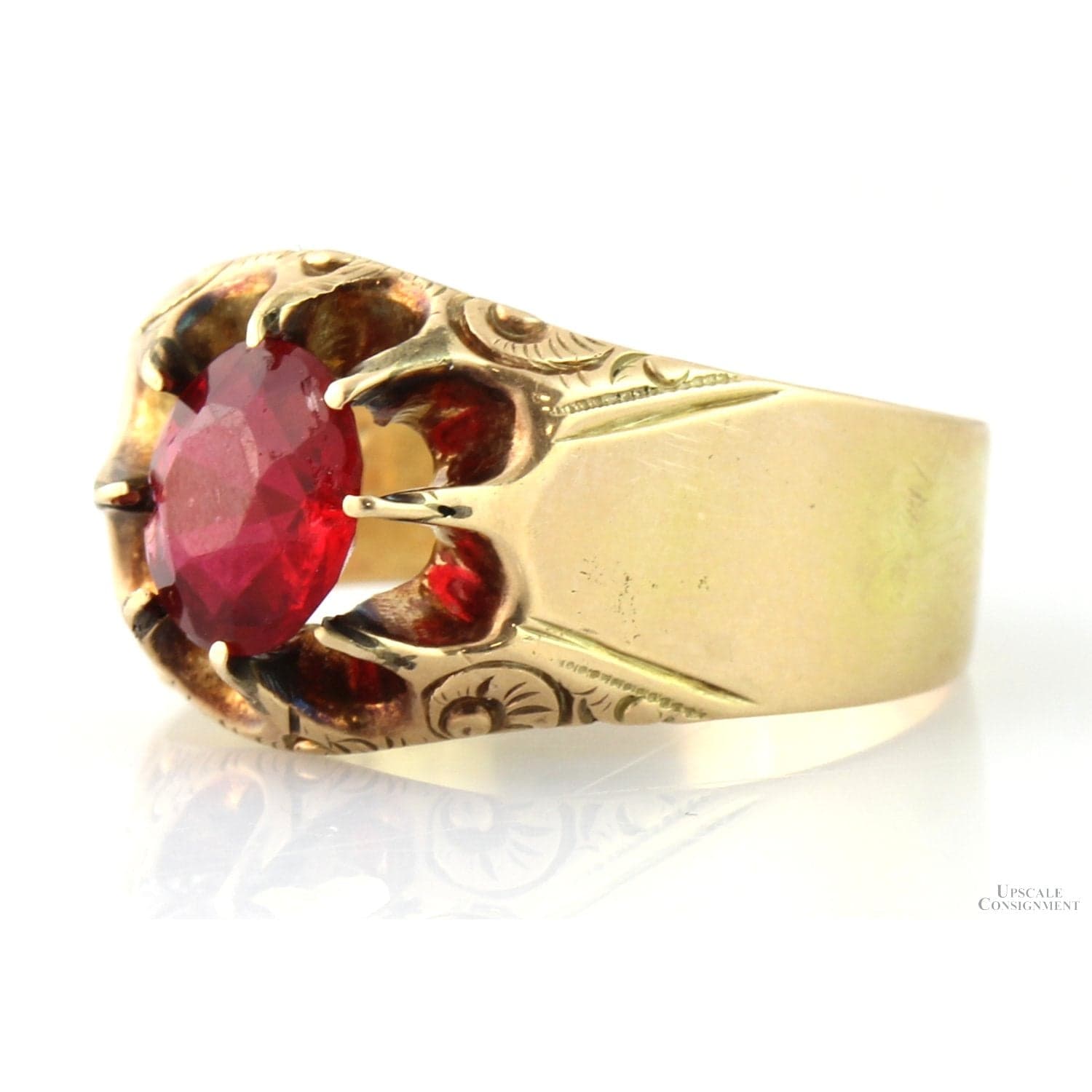 Antique Ruby & Glass Doublet Ring 14K Gold Large Red Stone Handcrafted Victorian Edwardian - Size 10.75 - Thumbnail 2
