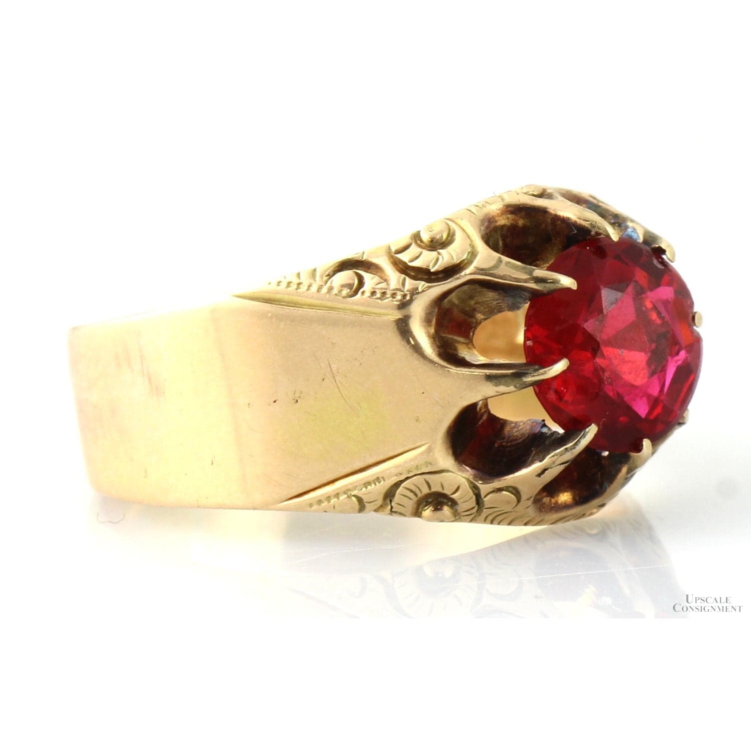 Antique Ruby & Glass Doublet Ring 14K Gold Large Red Stone Handcrafted Victorian Edwardian - Size 10.75 - Thumbnail 3