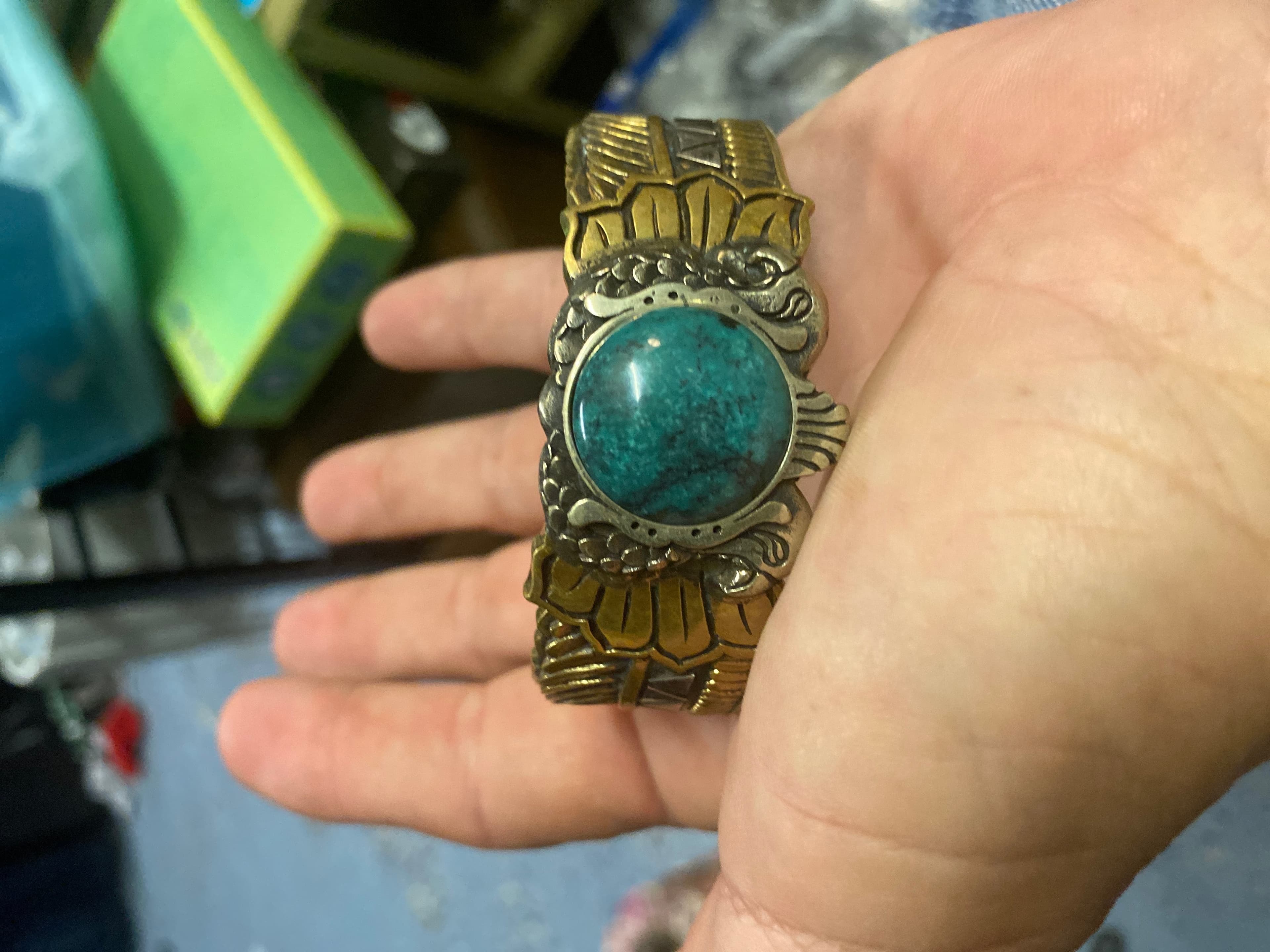 Silver bronze, and turquoise bracelet