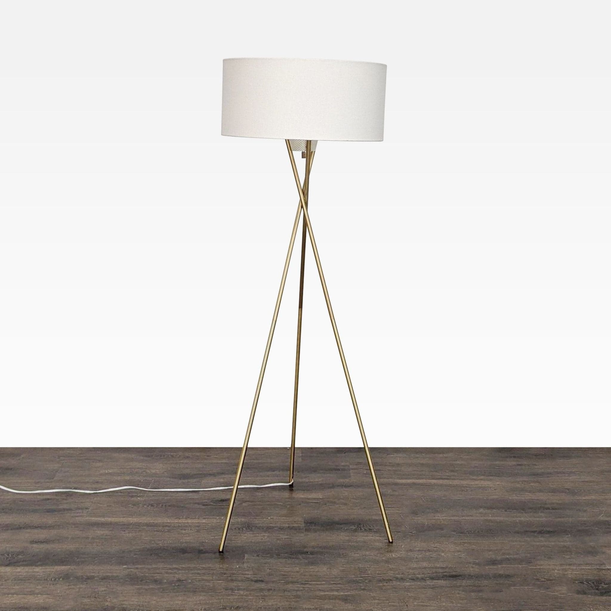 Modern Brass Tripod Floor Lamp with White Drum Shade - Thumbnail 3