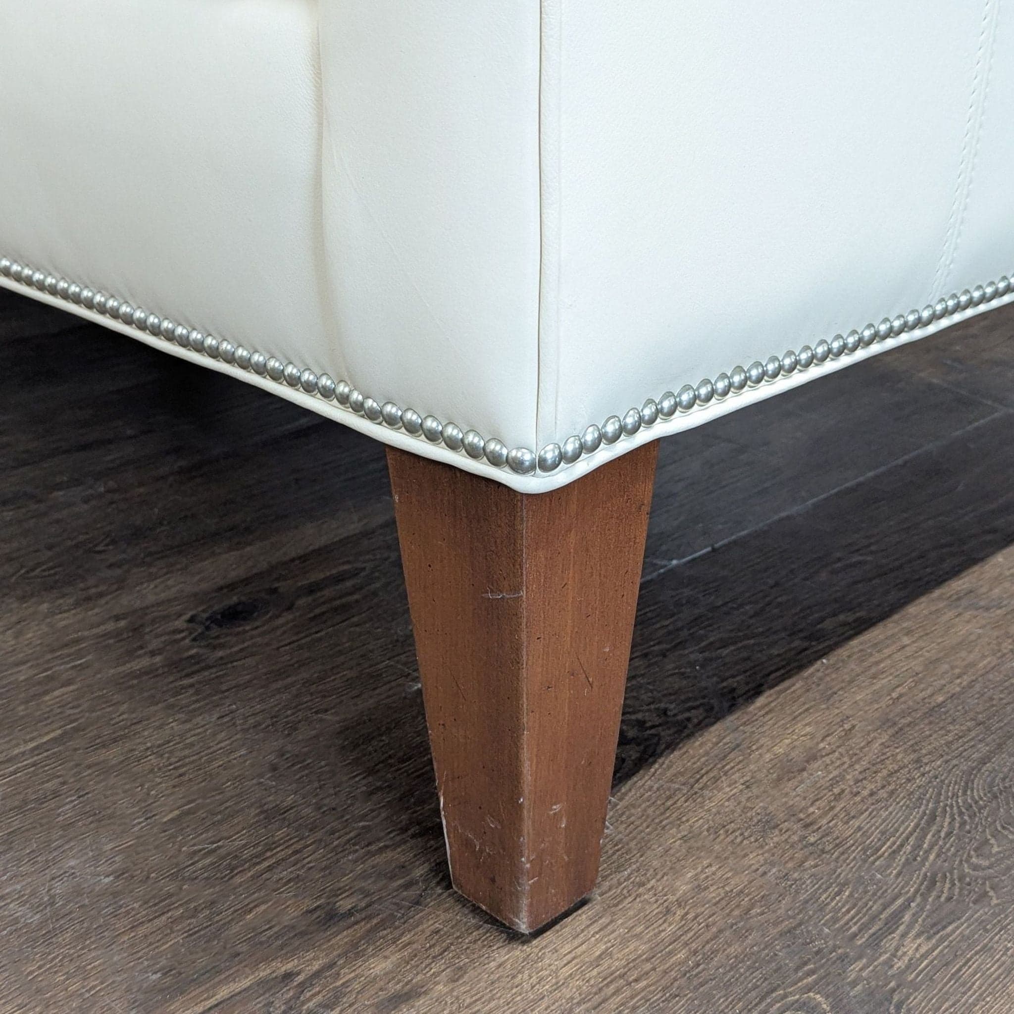 Ethan Allen Cream Leather Loveseat with Wood Legs - Thumbnail 6