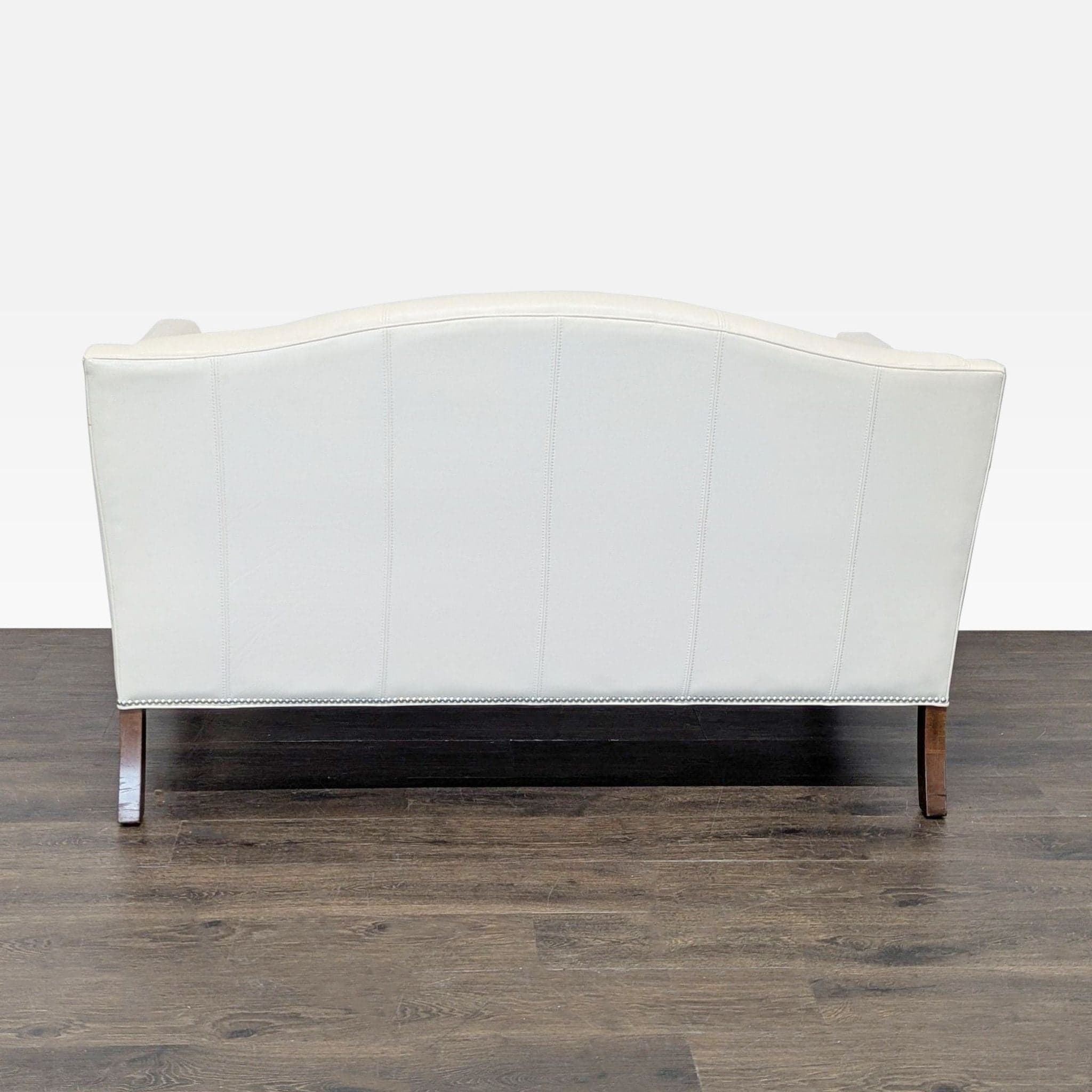 Ethan Allen Cream Leather Loveseat with Wood Legs - Thumbnail 8