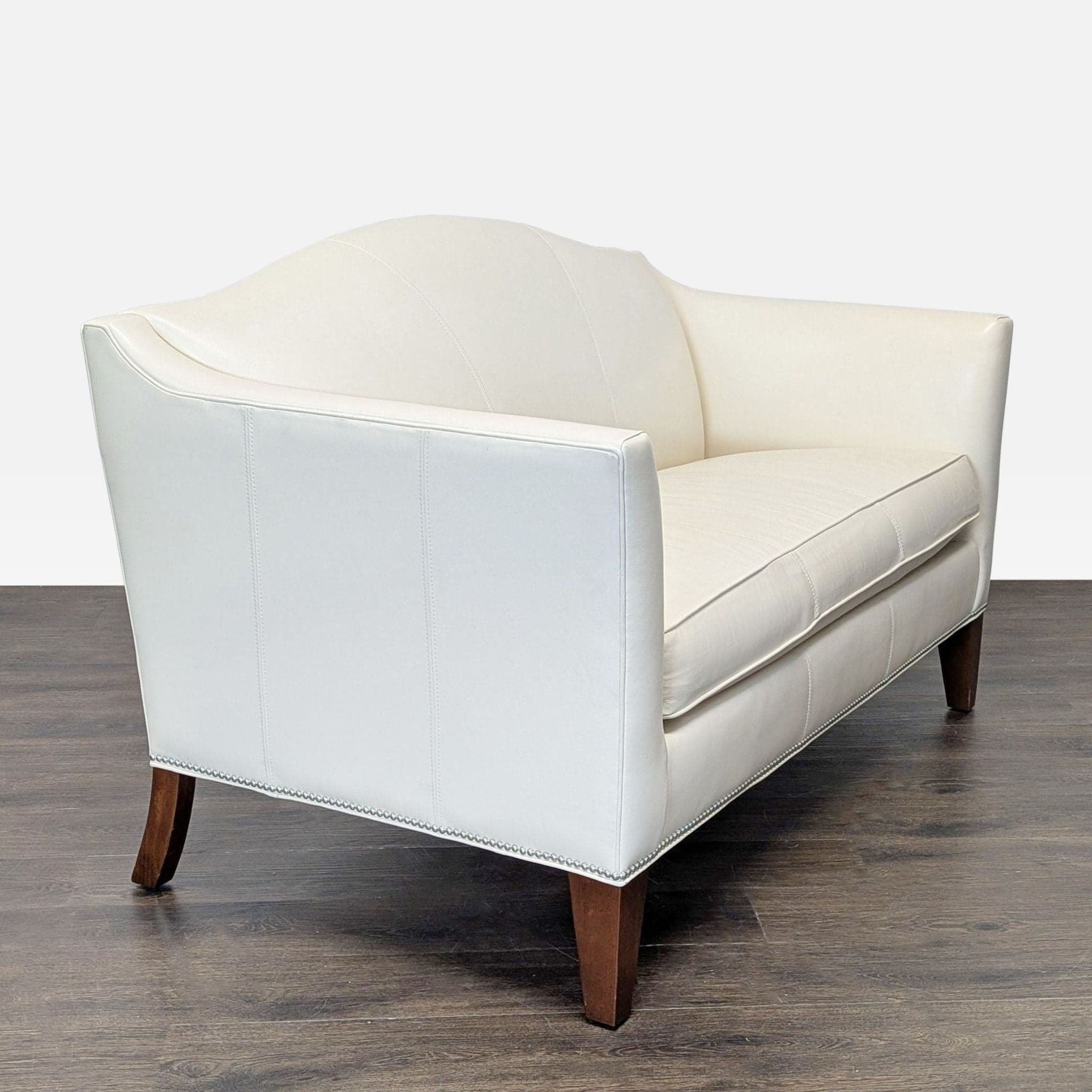Ethan Allen Cream Leather Loveseat with Wood Legs - Thumbnail 2