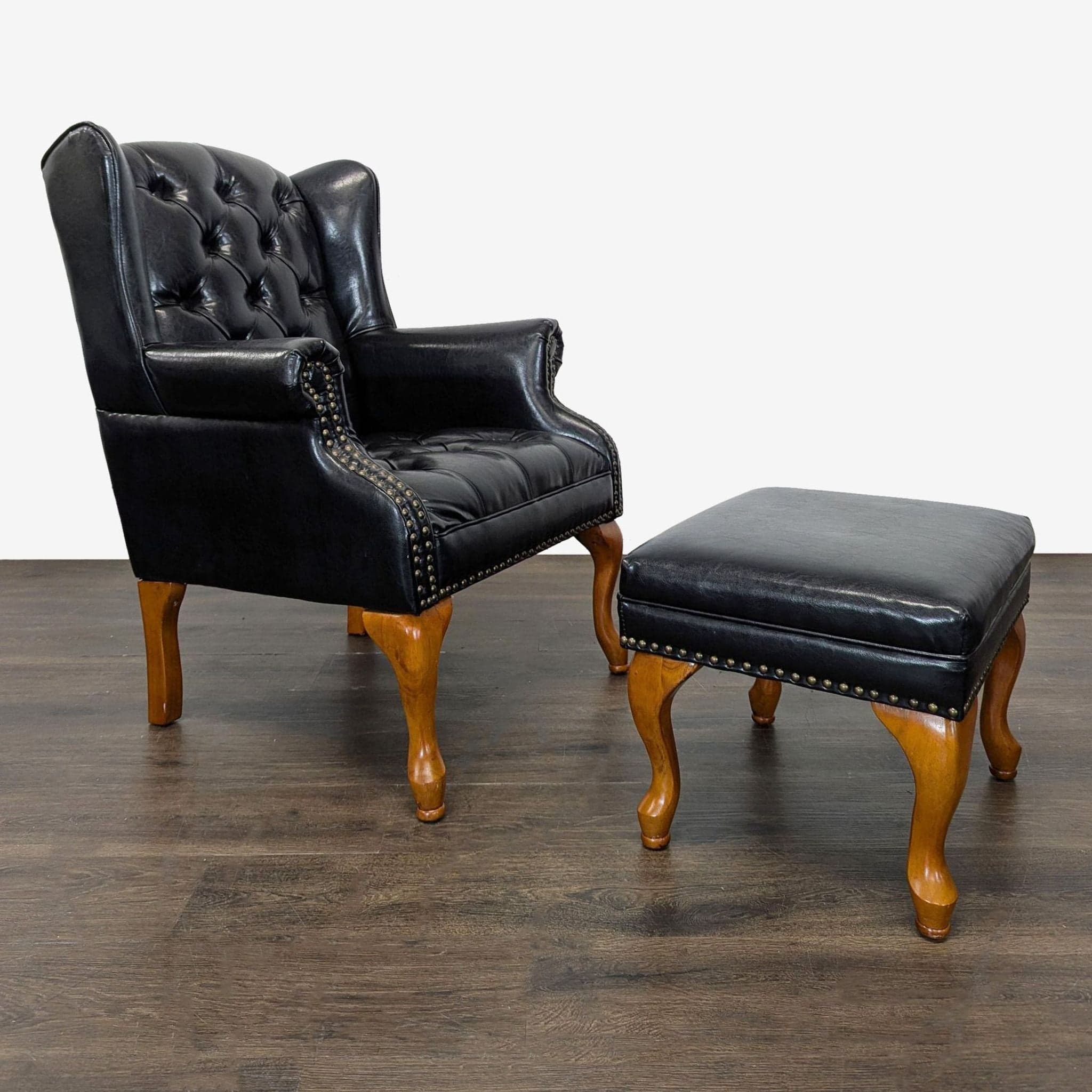 Coaster Lounge Wingback Chair & Ottoman Set in Black Leather with Wood Legs - Image 1