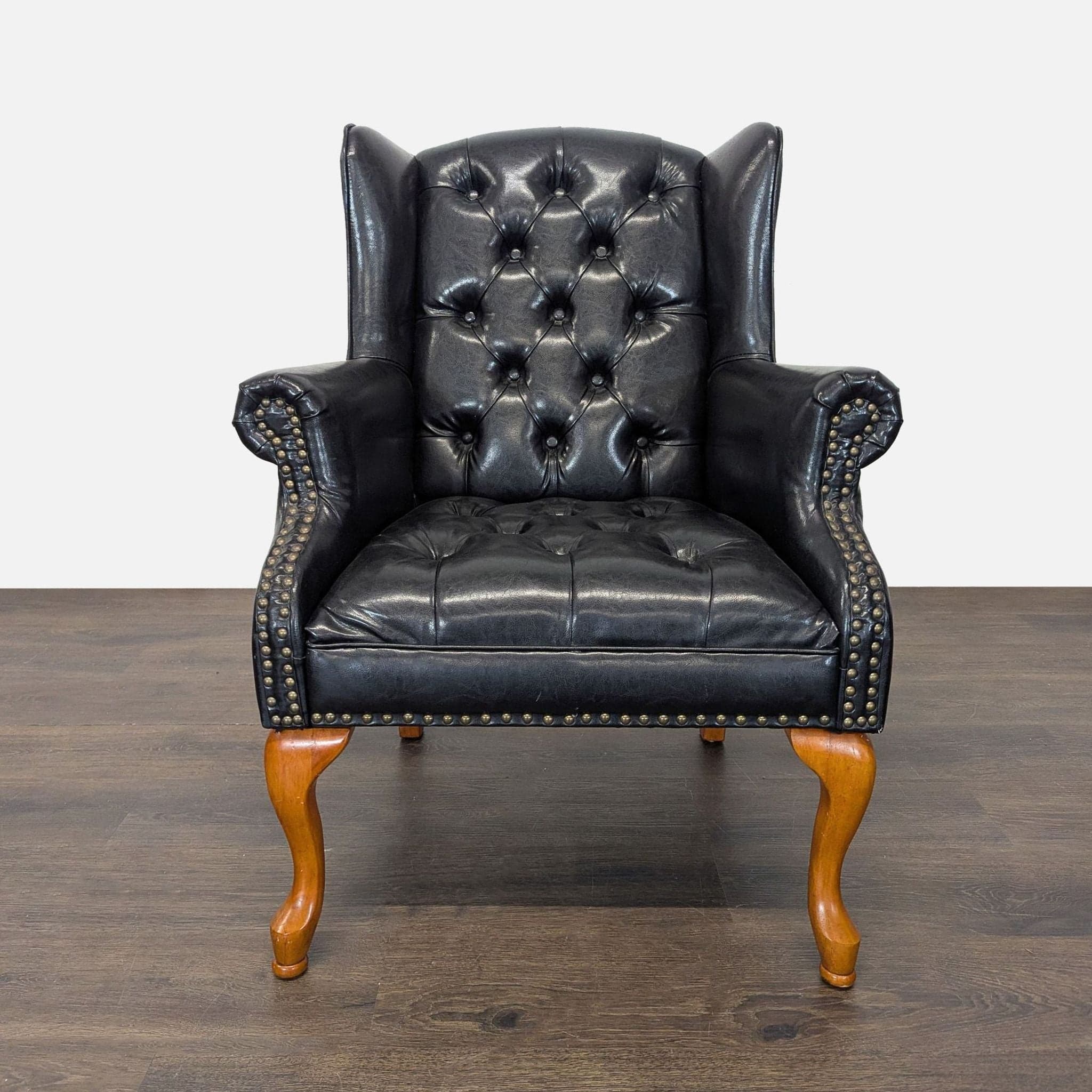 Coaster Lounge Wingback Chair & Ottoman Set in Black Leather with Wood Legs - Thumbnail 2