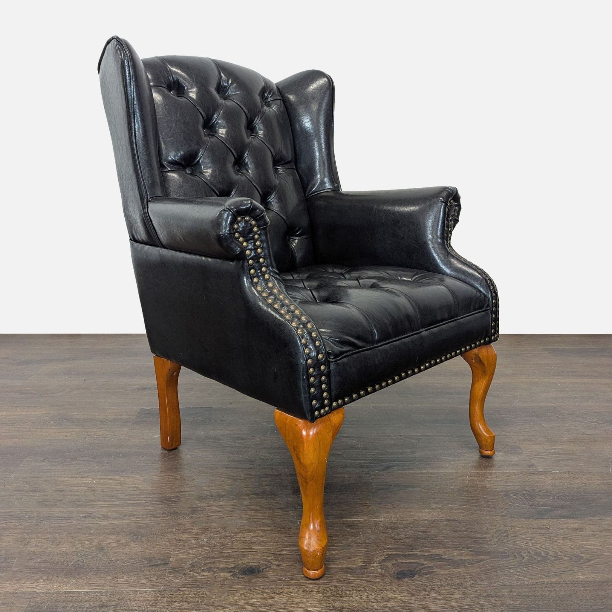Coaster Lounge Wingback Chair & Ottoman Set in Black Leather with Wood Legs - Thumbnail 4