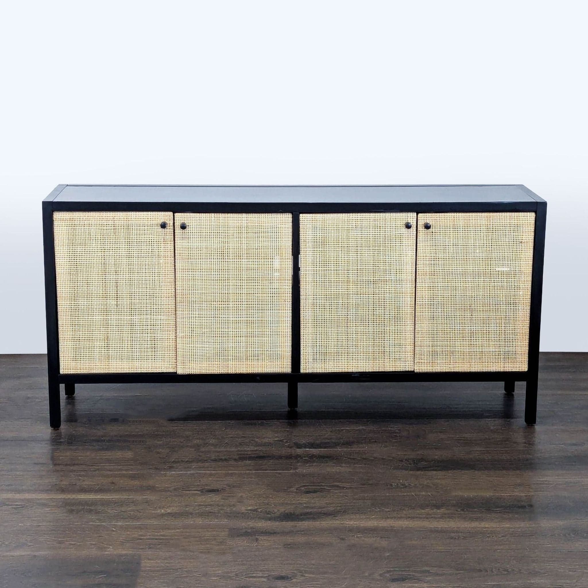 Wood Media Console with Rattan Covered Cabinet Doors - Image 1