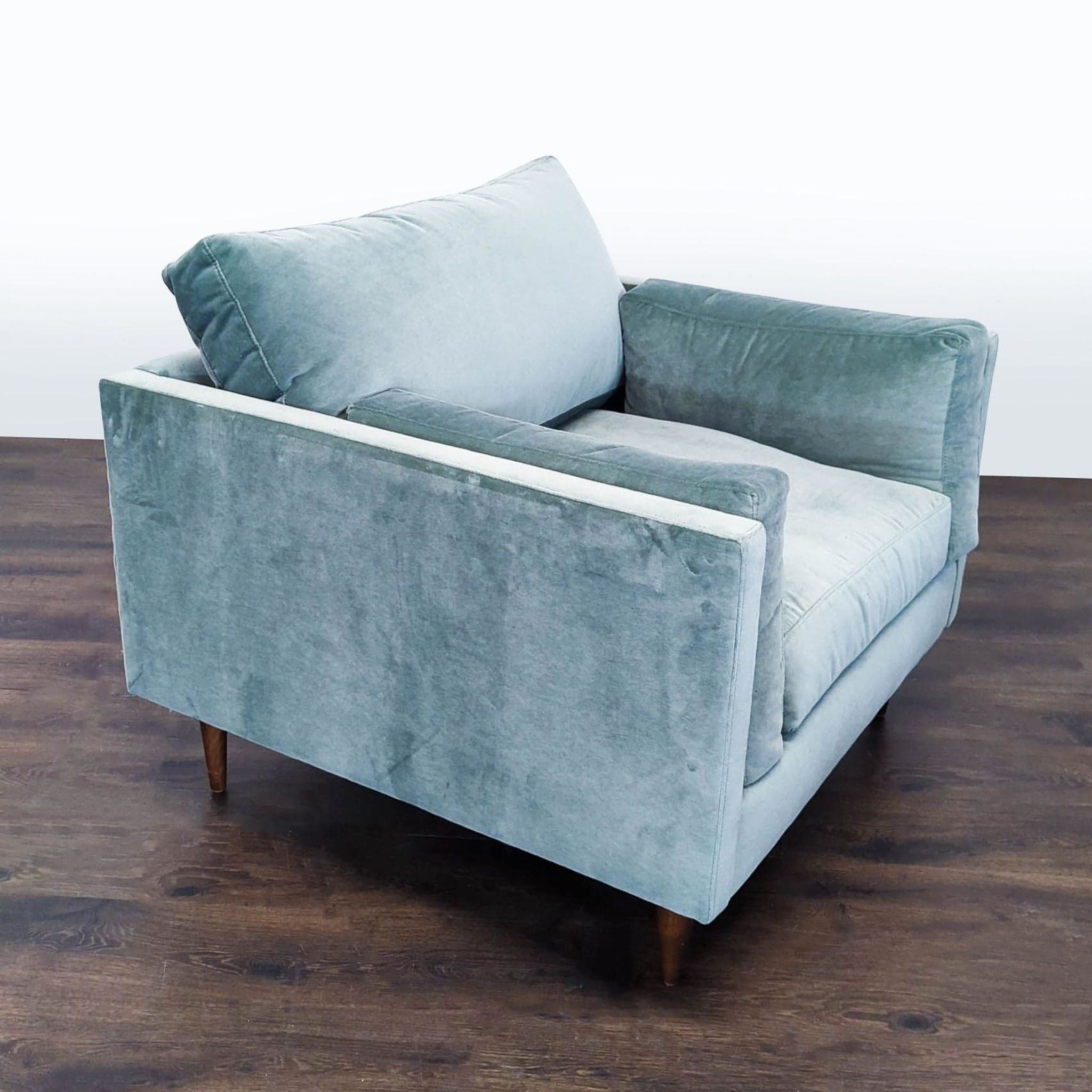 Modern Light Blue Velvet Lounge Chair with Wooden Legs - Thumbnail 2
