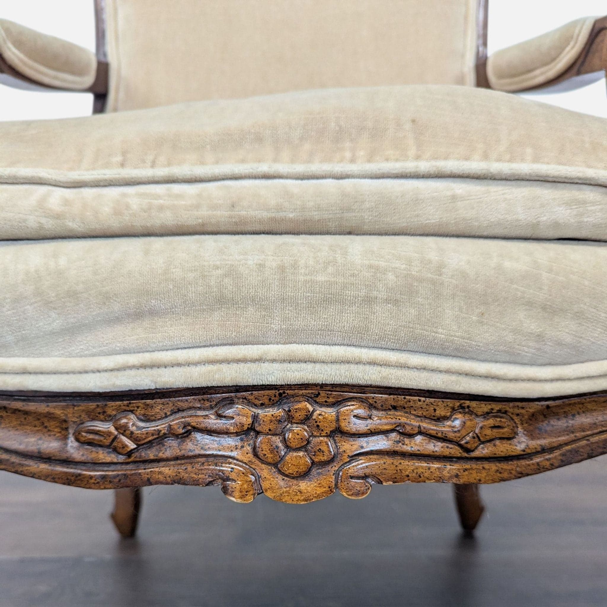 Louis XV Style Carved Wood Velvet Fauteuil Armchair - Thumbnail 9