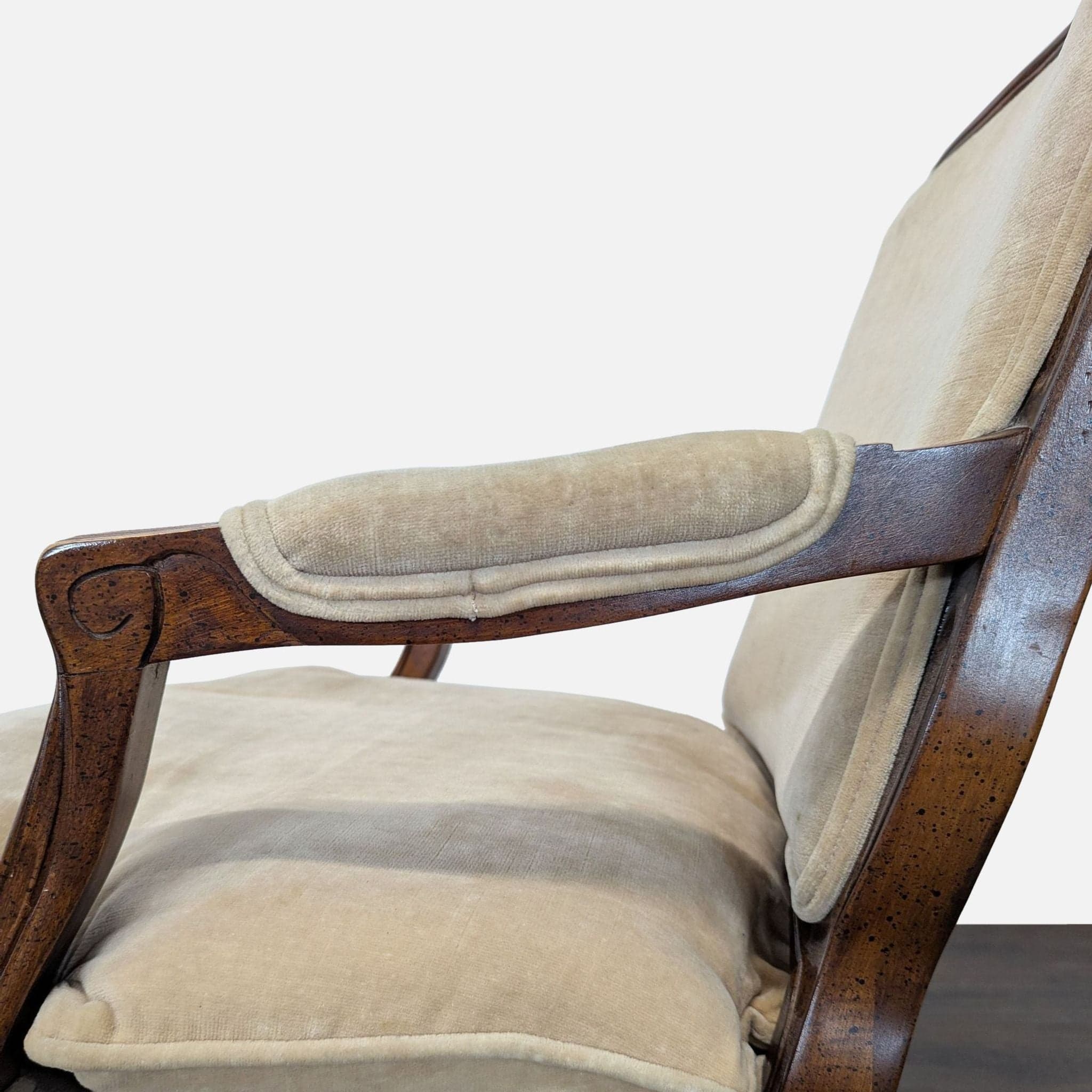 Louis XV Style Carved Wood Velvet Fauteuil Armchair - Thumbnail 4