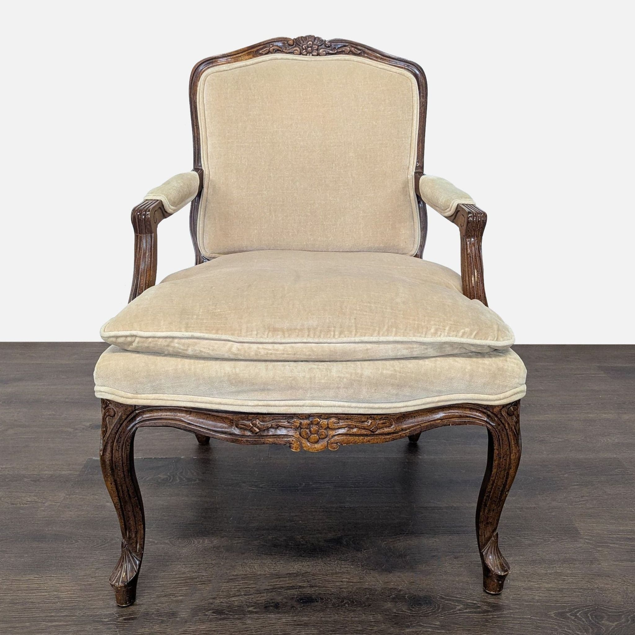 Louis XV Style Carved Wood Velvet Fauteuil Armchair - Image 1