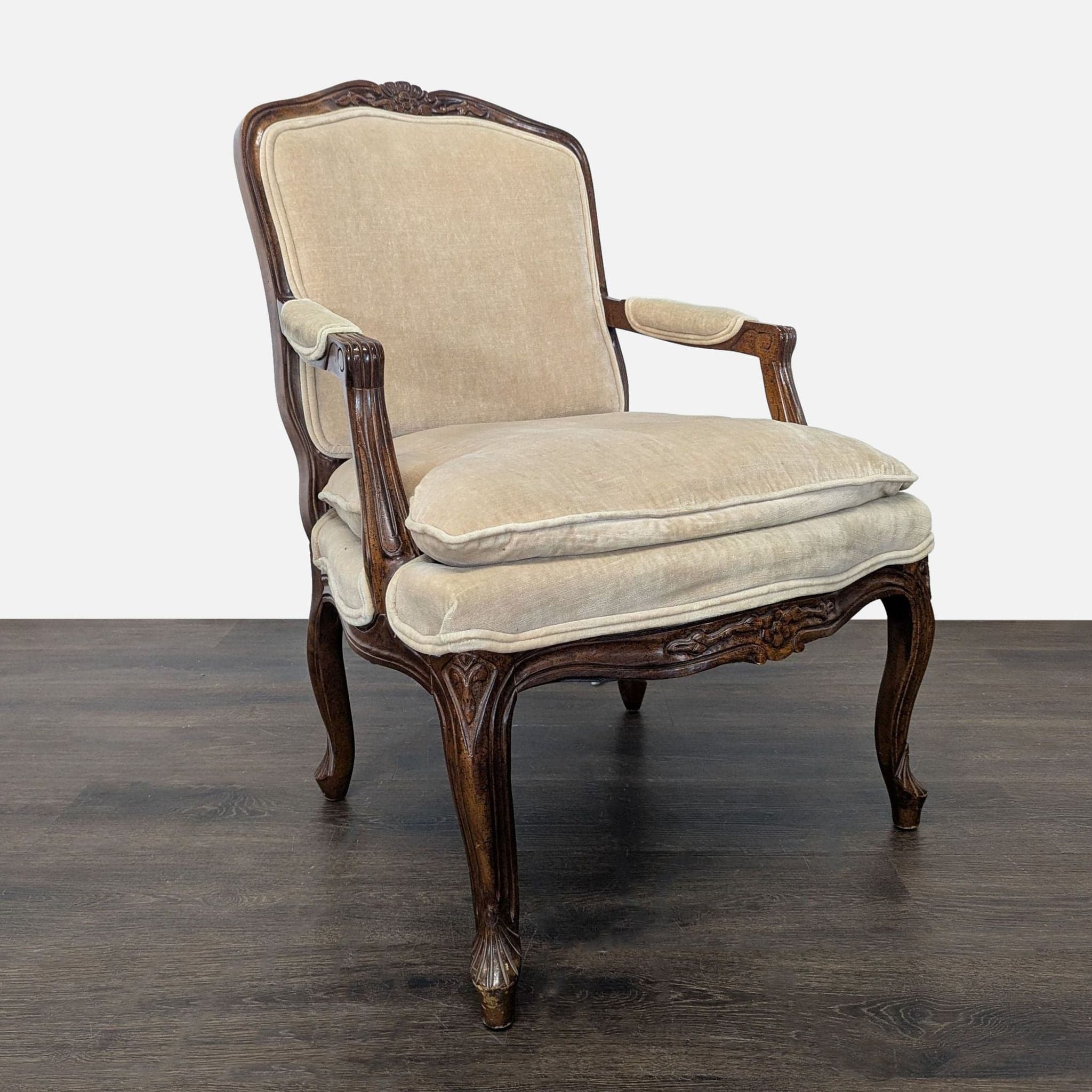 Louis XV Style Carved Wood Velvet Fauteuil Armchair - Thumbnail 2