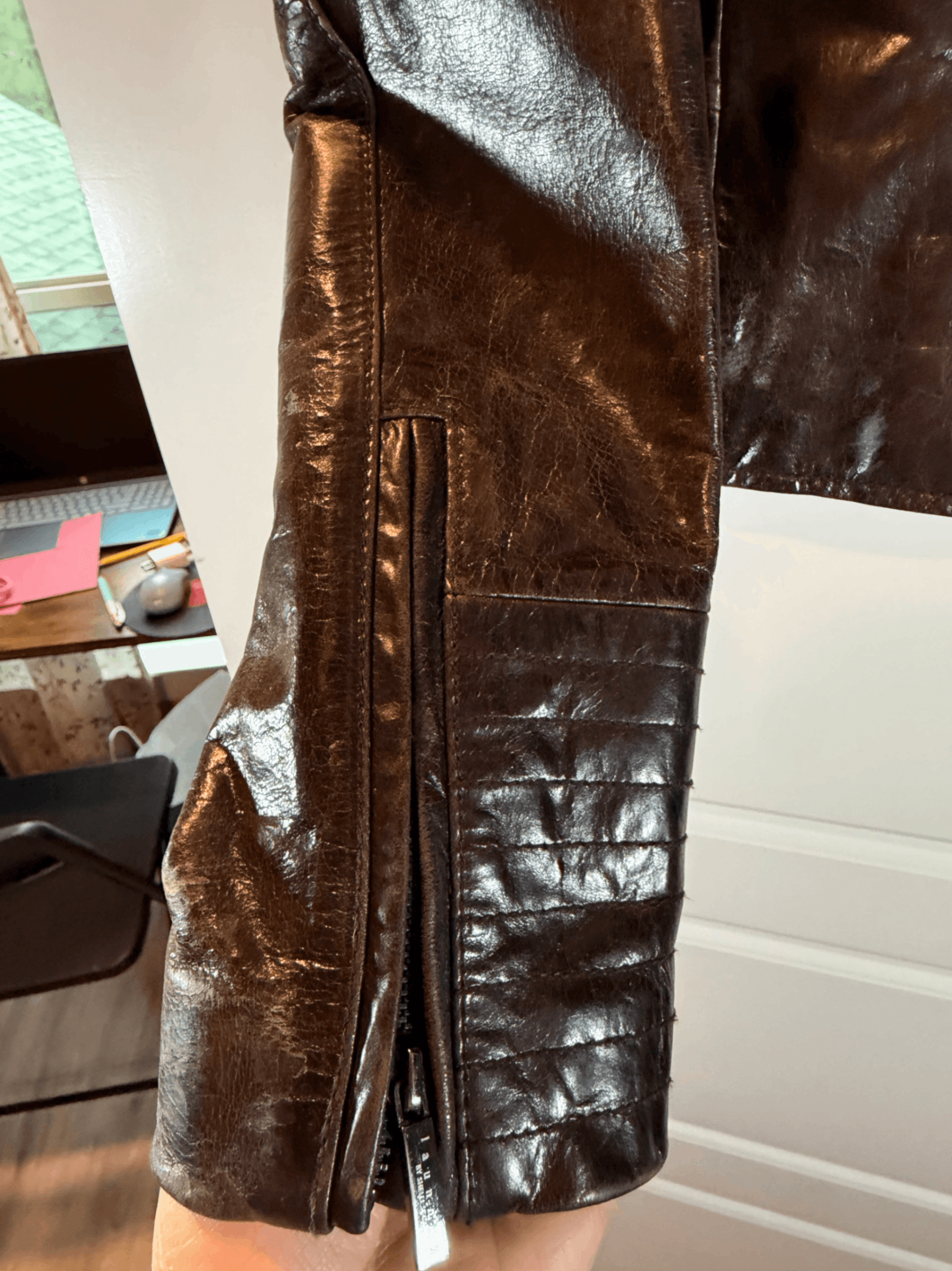 Brown Leather Jacket with Zipper Details Size M - Thumbnail 5