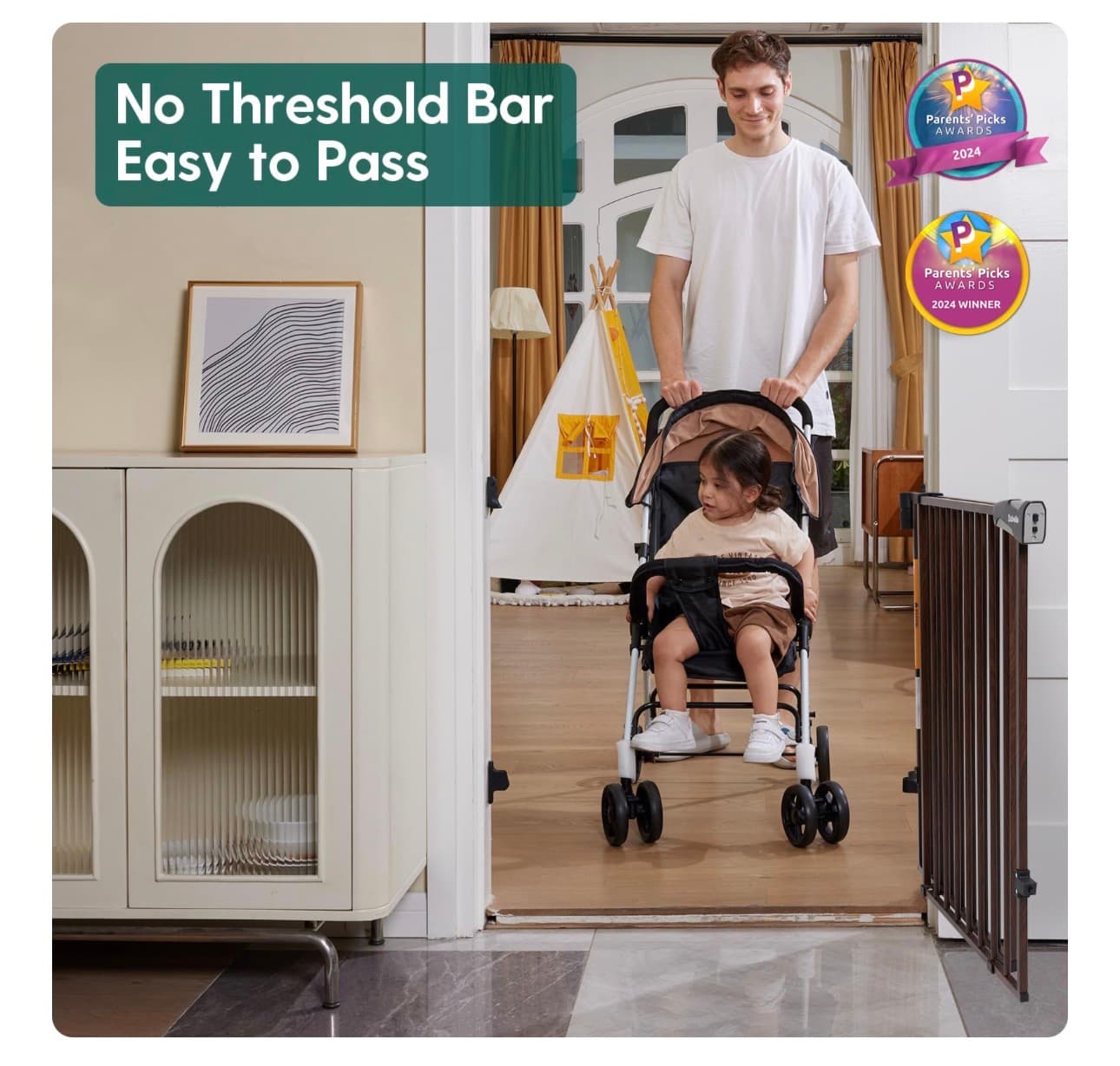 Wood grain pattern metal Baby Gate No Threshold Bar Easy Pass - Thumbnail 2