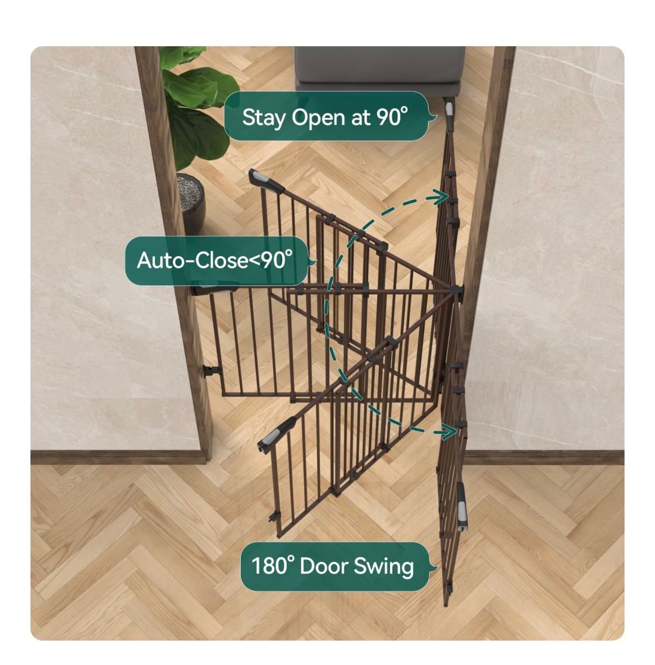 Wood grain pattern metal Baby Gate No Threshold Bar Easy Pass - Thumbnail 4