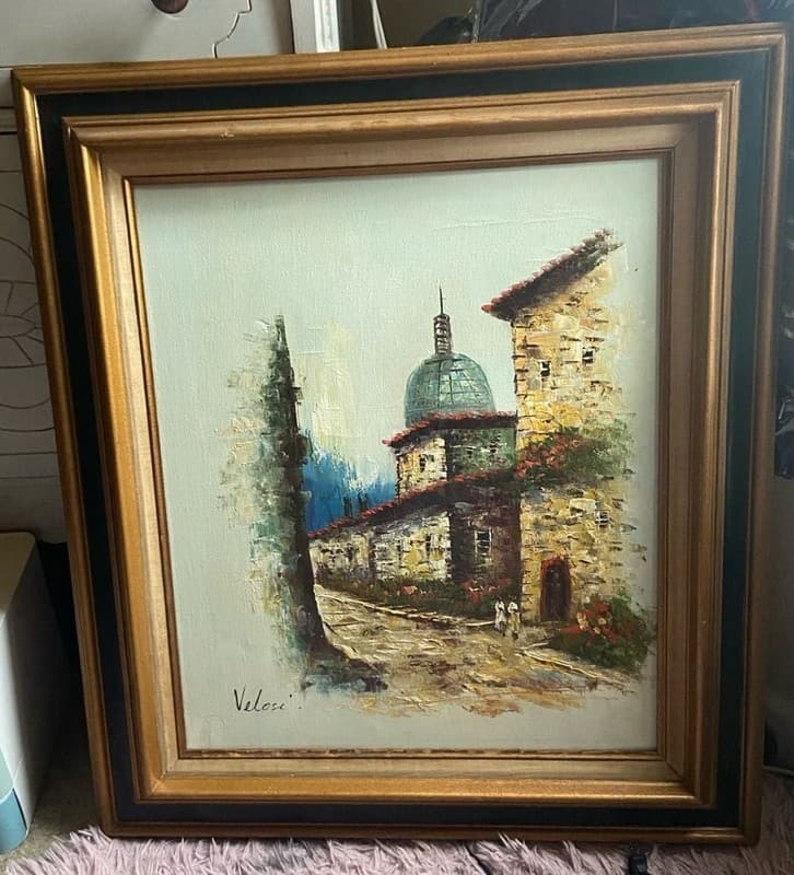 Velosi Vintage Italian Street Scene Oil Painting on Canvas 20x24 Framed - Image 1